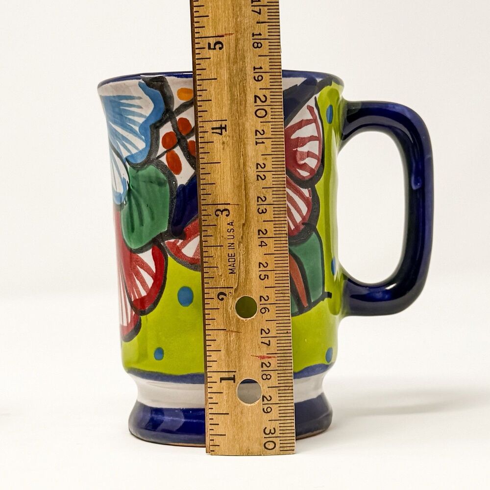 Vintage Talavera Hand Painted Mexican Pottery Mug Set Floral Folk Art Cups Pair - Picture 7 of 8